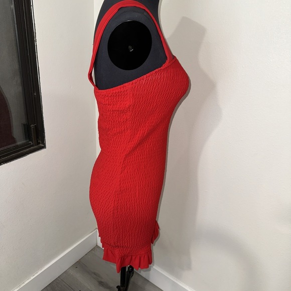 Storia Smocked Red Linen Mini Dress Size S‎ Ruffle - Picture 6 of 11